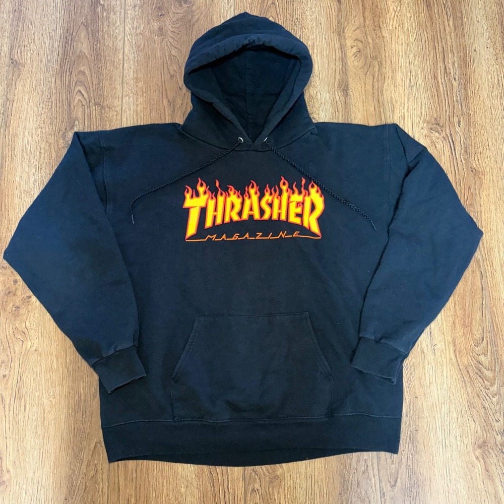 Vintage Thrasher Magazine Hoodie Mens M Black Flames Logo Y2K Skater Grunge punk